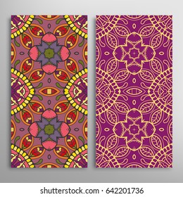 Vertical seamless patterns set, floral geometric lace texture for Wedding, Valentine's day, greeting cards or Birthday Invitations. Decorative seamless backgrounds. Ethnic ornament, border pattern