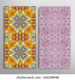Vertical seamless patterns set, floral geometric lace texture for Wedding, Valentine's day, greeting cards or Birthday Invitations. Decorative seamless backgrounds. Ethnic ornament, border pattern