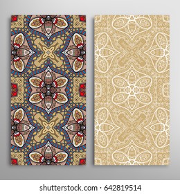 Vertical seamless patterns set, floral geometric lace texture for Wedding, Valentine's day, greeting cards or Birthday Invitations. Decorative seamless backgrounds. Ethnic ornament, border pattern