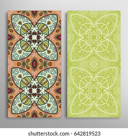 Vertical seamless patterns set, floral geometric lace texture for Wedding, Valentine's day, greeting cards or Birthday Invitations. Decorative seamless backgrounds. Ethnic ornament, border pattern