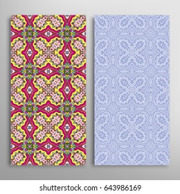 Vertical seamless patterns set, floral geometric lace texture for Wedding, Valentine's day, greeting cards or Birthday Invitations. Decorative seamless backgrounds. Ethnic ornament, border pattern