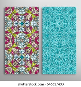 Vertical seamless patterns set, floral geometric lace texture for Wedding, Valentine's day, greeting cards or Birthday Invitations. Decorative seamless backgrounds. Ethnic ornament, border pattern