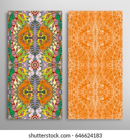 Vertical seamless patterns set, floral geometric lace texture for Wedding, Valentine's day, greeting cards or Birthday Invitations. Decorative seamless backgrounds. Ethnic ornament, border pattern