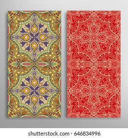 Vertical seamless patterns set, floral geometric lace texture for Wedding, Valentine's day, greeting cards or Birthday Invitations. Decorative seamless backgrounds. Ethnic ornament, border pattern