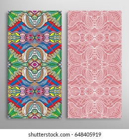 Vertical seamless patterns set, floral geometric lace texture for Wedding, Valentine's day, greeting cards or Birthday Invitations. Decorative seamless backgrounds. Ethnic ornament, border pattern