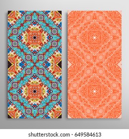 Vertical seamless patterns set, floral geometric lace texture for Wedding, Valentine's day, greeting cards or Birthday Invitations. Decorative seamless backgrounds. Ethnic ornament, border pattern