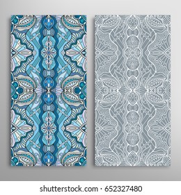 Vertical seamless patterns set, floral geometric lace texture for Wedding, Valentine's day, greeting cards or Birthday Invitations. Decorative seamless backgrounds. Ethnic ornament, border pattern
