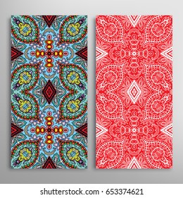 Vertical seamless patterns set, floral geometric lace texture for Wedding, Valentine's day, greeting cards or Birthday Invitations. Decorative seamless backgrounds. Ethnic ornament, border pattern