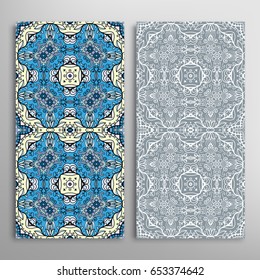Vertical seamless patterns set, floral geometric lace texture for Wedding, Valentine's day, greeting cards or Birthday Invitations. Decorative seamless backgrounds. Ethnic ornament, border pattern
