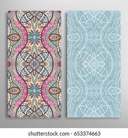 Vertical seamless patterns set, floral geometric lace texture for Wedding, Valentine's day, greeting cards or Birthday Invitations. Decorative seamless backgrounds. Ethnic ornament, border pattern