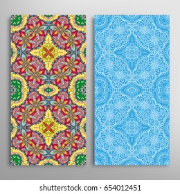 Vertical seamless patterns set, floral geometric lace texture for Wedding, Valentine's day, greeting cards or Birthday Invitations. Decorative seamless backgrounds. Ethnic ornament, border pattern