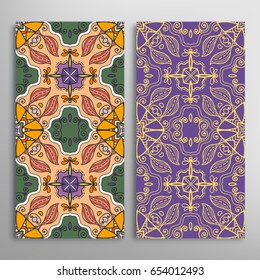 Vertical seamless patterns set, floral geometric lace texture for Wedding, Valentine's day, greeting cards or Birthday Invitations. Decorative seamless backgrounds. Ethnic ornament, border pattern