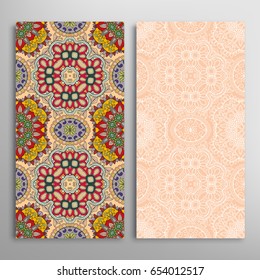 Vertical seamless patterns set, floral geometric lace texture for Wedding, Valentine's day, greeting cards or Birthday Invitations. Decorative seamless backgrounds. Ethnic ornament, border pattern