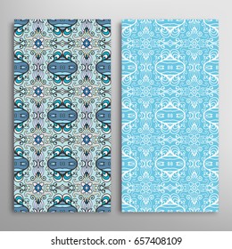 Vertical seamless patterns set, floral geometric lace texture for Wedding, Valentine's day, greeting cards or Birthday Invitations. Decorative seamless backgrounds. Ethnic ornament, border pattern