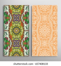 Vertical seamless patterns set, floral geometric lace texture for Wedding, Valentine's day, greeting cards or Birthday Invitations. Decorative seamless backgrounds. Ethnic ornament, border pattern