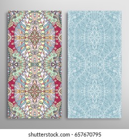 Vertical seamless patterns set, floral geometric lace texture for Wedding, Valentine's day, greeting cards or Birthday Invitations. Decorative seamless backgrounds. Ethnic ornament, border pattern