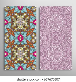 Vertical seamless patterns set, floral geometric lace texture for Wedding, Valentine's day, greeting cards or Birthday Invitations. Decorative seamless backgrounds. Ethnic ornament, border pattern