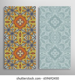 Vertical seamless patterns set, floral geometric lace texture for Wedding, Valentine's day, greeting cards or Birthday Invitations. Decorative seamless backgrounds. Ethnic ornament, border pattern
