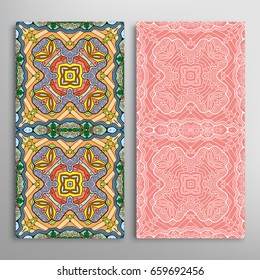 Vertical seamless patterns set, floral geometric lace texture for Wedding, Valentine's day, greeting cards or Birthday Invitations. Decorative seamless backgrounds. Ethnic ornament, border pattern