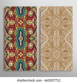 Vertical seamless patterns set, floral geometric lace texture for Wedding, Valentine's day, greeting cards or Birthday Invitations. Decorative seamless backgrounds. Ethnic ornament, border pattern