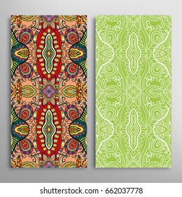 Vertical seamless patterns set, floral geometric lace texture for Wedding, Valentine's day, greeting cards or Birthday Invitations. Decorative seamless backgrounds. Ethnic ornament, border pattern