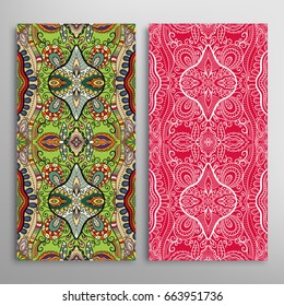 Vertical seamless patterns set, floral geometric lace texture for Wedding, Valentine's day, greeting cards or Birthday Invitations. Decorative seamless backgrounds. Ethnic ornament, border pattern