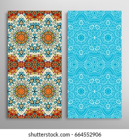 Vertical seamless patterns set, floral geometric lace texture for Wedding, Valentine's day, greeting cards or Birthday Invitations. Decorative seamless backgrounds. Ethnic ornament, border pattern