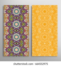 Vertical seamless patterns set, floral geometric lace texture for Wedding, Valentine's day, greeting cards or Birthday Invitations. Decorative seamless backgrounds. Ethnic ornament, border pattern