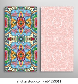 Vertical seamless patterns set, floral geometric lace texture for Wedding, Valentine's day, greeting cards or Birthday Invitations. Decorative seamless backgrounds. Ethnic ornament, border pattern