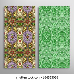 Vertical seamless patterns set, floral geometric lace texture for Wedding, Valentine's day, greeting cards or Birthday Invitations. Decorative seamless backgrounds. Ethnic ornament, border pattern
