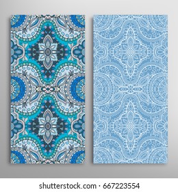 Vertical seamless patterns set, floral geometric lace texture for Wedding, Valentine's day, greeting cards or Birthday Invitations. Decorative seamless backgrounds. Ethnic ornament, border pattern