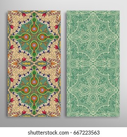 Vertical seamless patterns set, floral geometric lace texture for Wedding, Valentine's day, greeting cards or Birthday Invitations. Decorative seamless backgrounds. Ethnic ornament, border pattern