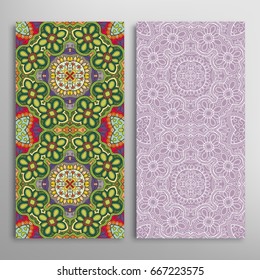 Vertical seamless patterns set, floral geometric lace texture for Wedding, Valentine's day, greeting cards or Birthday Invitations. Decorative seamless backgrounds. Ethnic ornament, border pattern