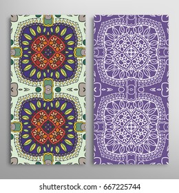 Vertical seamless patterns set, floral geometric lace texture for Wedding, Valentine's day, greeting cards or Birthday Invitations. Decorative seamless backgrounds. Ethnic ornament, border pattern