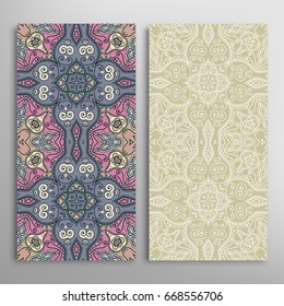 Vertical seamless patterns set, floral geometric lace texture for Wedding, Valentine's day, greeting cards or Birthday Invitations. Decorative seamless backgrounds. Ethnic ornament, border pattern