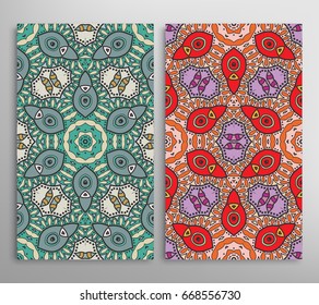 Vertical seamless patterns set, floral geometric lace texture for Wedding, Valentine's day, greeting cards or Birthday Invitations. Decorative seamless backgrounds. Ethnic ornament, border pattern