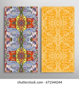 Vertical seamless patterns set, floral geometric lace texture for Wedding, Valentine's day, greeting cards or Birthday Invitations. Decorative seamless backgrounds. Ethnic ornament, border pattern