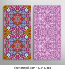 Vertical seamless patterns set, floral geometric lace texture for Wedding, Valentine's day, greeting cards or Birthday Invitations. Decorative seamless backgrounds. Ethnic ornament, border pattern