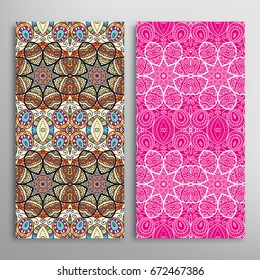 Vertical seamless patterns set, floral geometric lace texture for Wedding, Valentine's day, greeting cards or Birthday Invitations. Decorative seamless backgrounds. Ethnic ornament, border pattern
