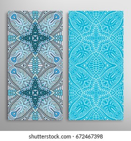 Vertical seamless patterns set, floral geometric lace texture for Wedding, Valentine's day, greeting cards or Birthday Invitations. Decorative seamless backgrounds. Ethnic ornament, border pattern