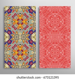 Vertical seamless patterns set, floral geometric lace texture for Wedding, Valentine's day, greeting cards or Birthday Invitations. Decorative seamless backgrounds. Ethnic ornament, border pattern