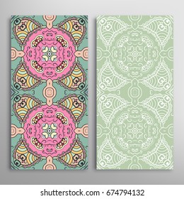 Vertical seamless patterns set, floral geometric lace texture for Wedding, Valentine's day, greeting cards or Birthday Invitations. Decorative seamless backgrounds. Ethnic ornament, border pattern