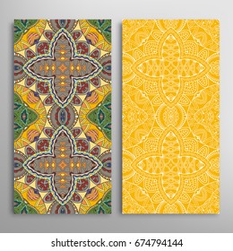Vertical seamless patterns set, floral geometric lace texture for Wedding, Valentine's day, greeting cards or Birthday Invitations. Decorative seamless backgrounds. Ethnic ornament, border pattern