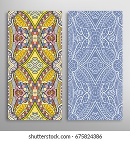 Vertical seamless patterns set, floral geometric lace texture for Wedding, Valentine's day, greeting cards or Birthday Invitations. Decorative seamless backgrounds. Ethnic ornament, border pattern