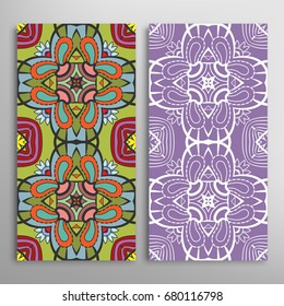 Vertical seamless patterns set, floral geometric lace texture for Wedding, Valentine's day, greeting cards or Birthday Invitations. Decorative seamless backgrounds. Ethnic ornament, border pattern