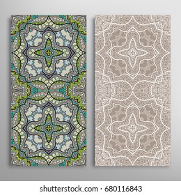 Vertical seamless patterns set, floral geometric lace texture for Wedding, Valentine's day, greeting cards or Birthday Invitations. Decorative seamless backgrounds. Ethnic ornament, border pattern