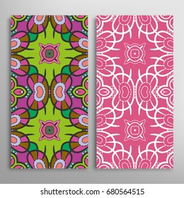 Vertical seamless patterns set, floral geometric lace texture for Wedding, Valentine's day, greeting cards or Birthday Invitations. Decorative seamless backgrounds. Ethnic ornament, border pattern