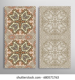 Vertical seamless patterns set, floral geometric lace texture for Wedding, Valentine's day, greeting cards or Birthday Invitations. Decorative seamless backgrounds. Ethnic ornament, border pattern