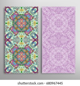 Vertical seamless patterns set, floral geometric lace texture for Wedding, Valentine's day, greeting cards or Birthday Invitations. Decorative seamless backgrounds. Ethnic ornament, border pattern