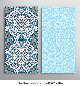 Vertical seamless patterns set, floral geometric lace texture for Wedding, Valentine's day, greeting cards or Birthday Invitations. Decorative seamless backgrounds. Ethnic ornament, border pattern